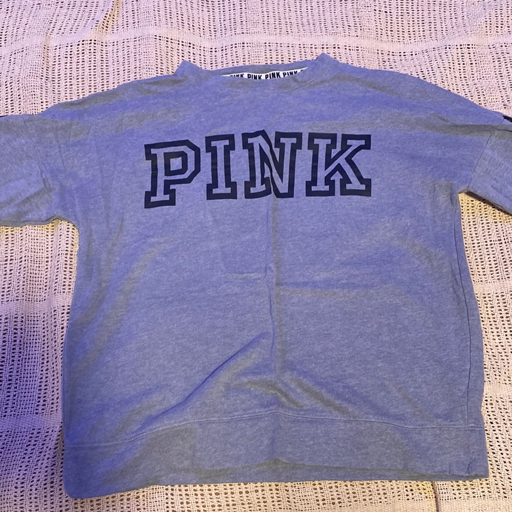 pink, grey sweatshirt